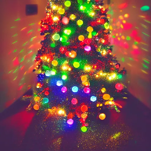 Prompt: rainbow lorakeets in a christmas tree, sparkling light, christmas lights, vaseline lens, sacred golden light, nostalgia