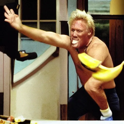 Prompt: gary busey slipping on a banana peel