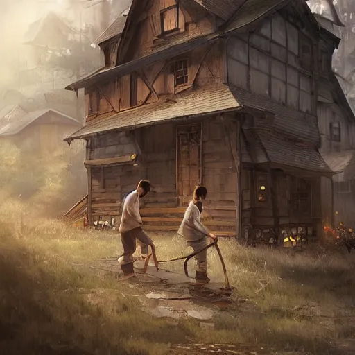 Image similar to two husbands leave each other inside a big wooden broken house by Stanley Artgerm Lau, WLOP, Rossdraws, James Jean, Andrei Riabovitchev, Marc Simonetti, Yoshitaka Amano, ArtStation, CGSociety, highly detaild 4K, cinematic style, studio light