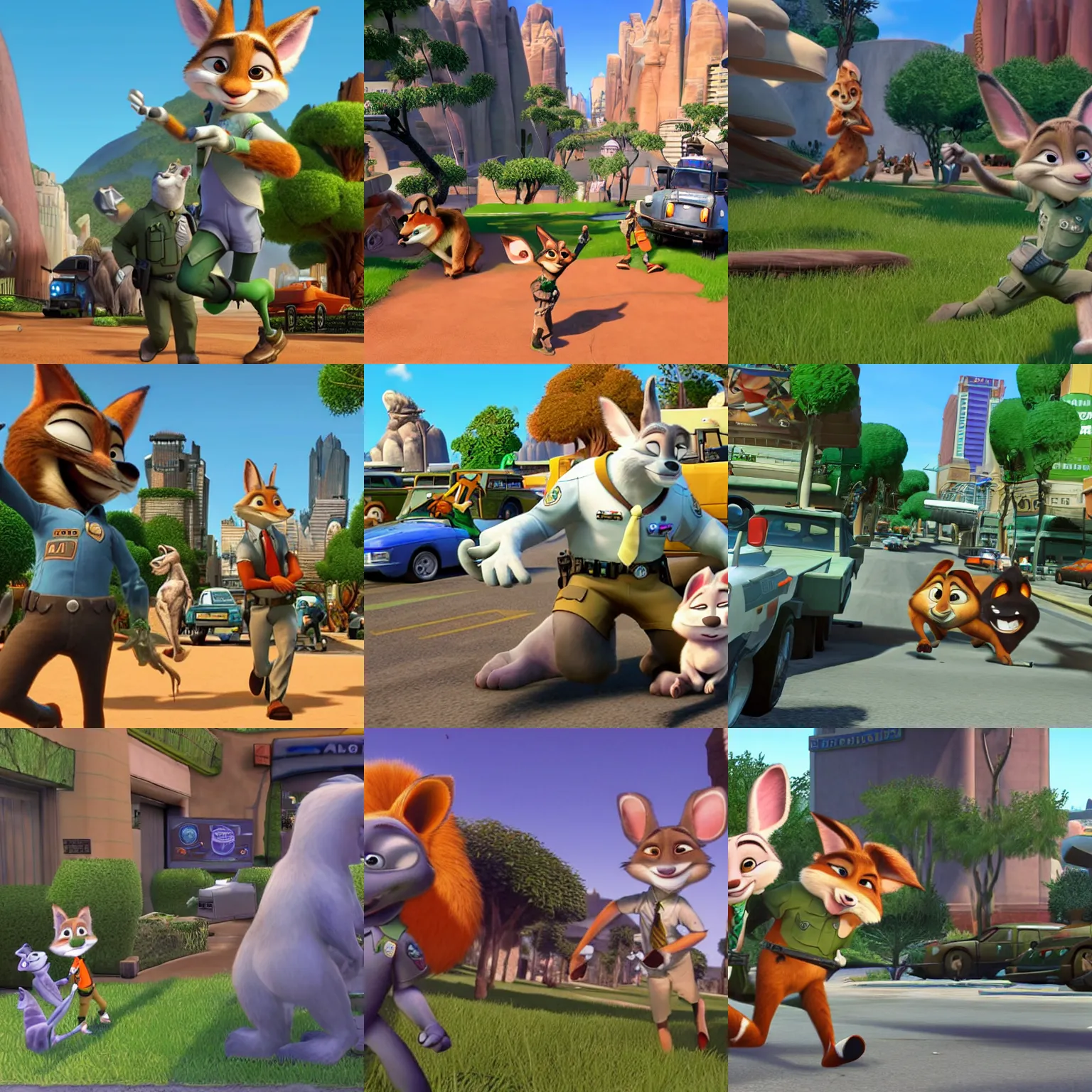 Prompt: Zootopia as a multiplayer first person shooter for PS1, retro 3D gameplay emulator screenshot, ESRB Mature