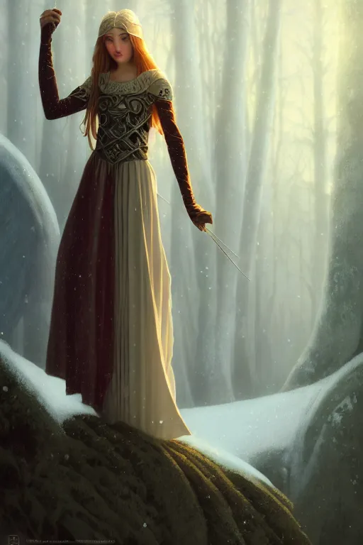 Prompt: nostalgia for a fairytale, nordic, ice, medieval maiden, long hair, tall and thin, illustration, dramatic lighting, soft details, painting, art nouveau, octane render, 8 k, hd, by edmund blair leighton, brom, charlie bowater, faces by otto schmidt