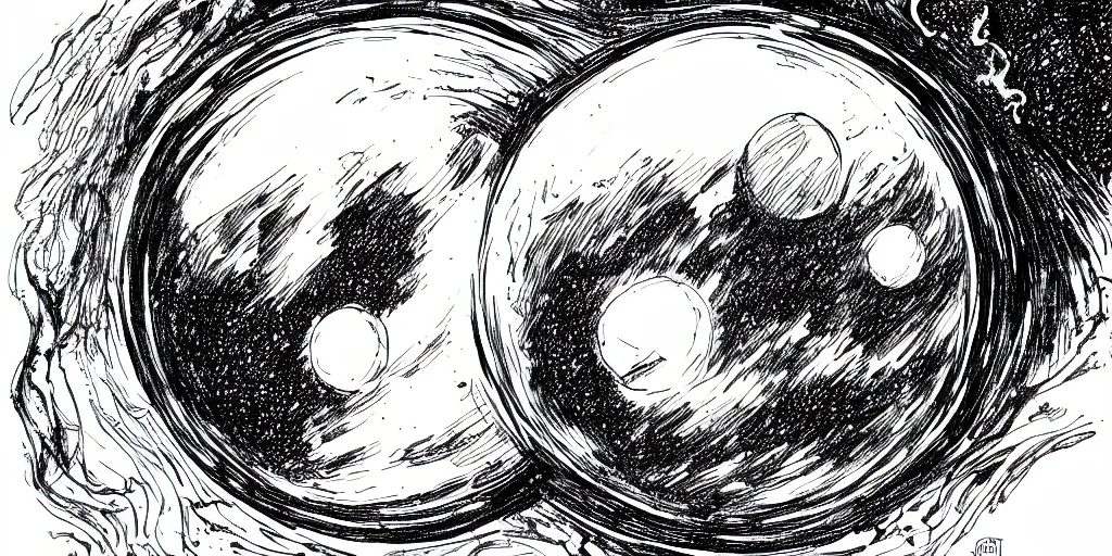 Image similar to ink lineart drawing of a planet, looming over an astronaut's shoulder, wide angle, space background, artstation, etchings by goya, chinese brush pen, illustration, high contrast, deep black tones contour