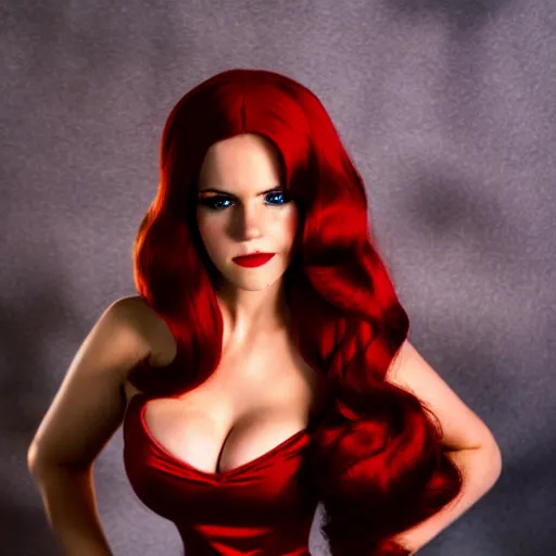 Prompt: Jessica Rabbit cosplay by Emma Watson, 8k, professional photography, cinematic studio shot, dark, smoke