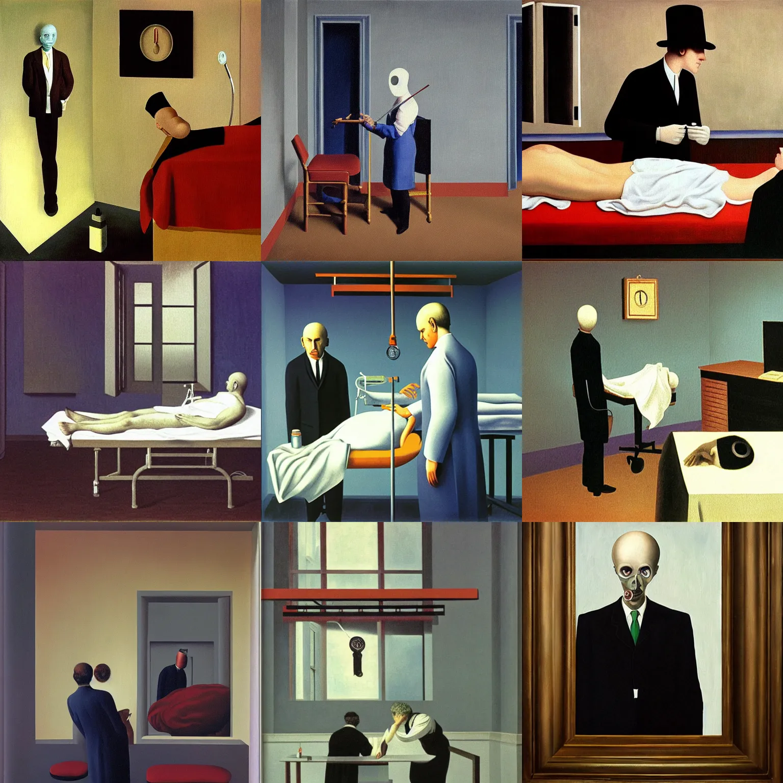 Prompt: a surreal, horror moody painting of a doctor performing surgery in a hospital by magritte, oil on canvas