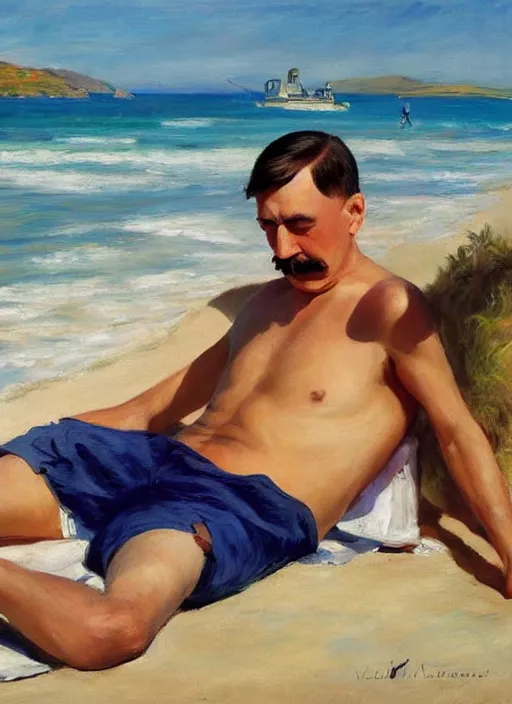 Prompt: adolf hitler sunbathing at an argentinian beach by vladimir volegov and alexander averin