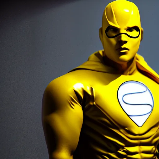 Prompt: still photo of yellow super - man, highly detailed, photorealistic portrait, bright studio setting, studio lighting, crisp quality and light reflections, unreal engine 5 quality render