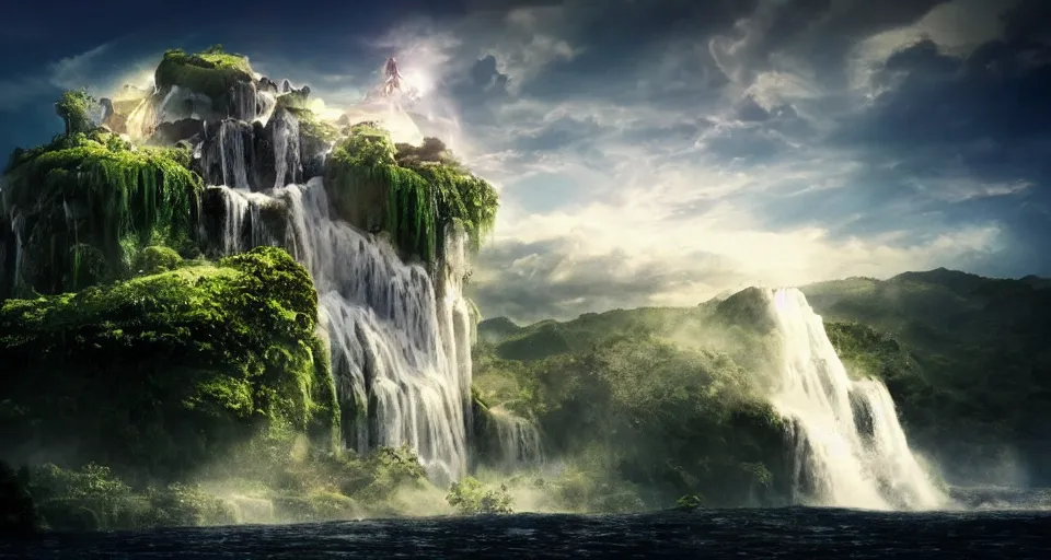 Image similar to An epic floating island in the sky, waterfall flowing down from the island, epic lighting, epic composition, cinematic