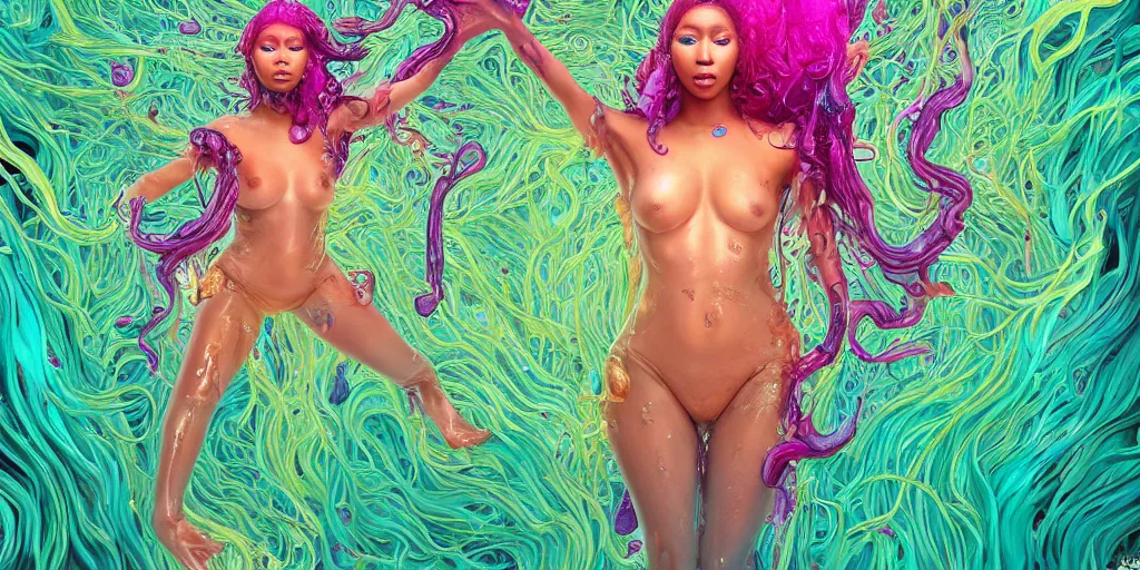 Image similar to nicki minaj | epic image of a glossy wet levitating floating fungus spirit with arms outstretched, made from colorful wet fungus tendrils. illustration by james jean, by ivan bilibin. uhd, amazing depth, glowing, golden ratio, 3 d octane cycle unreal engine 5, volumetric lighting, cinematic lighting, cgstation artstation concept art