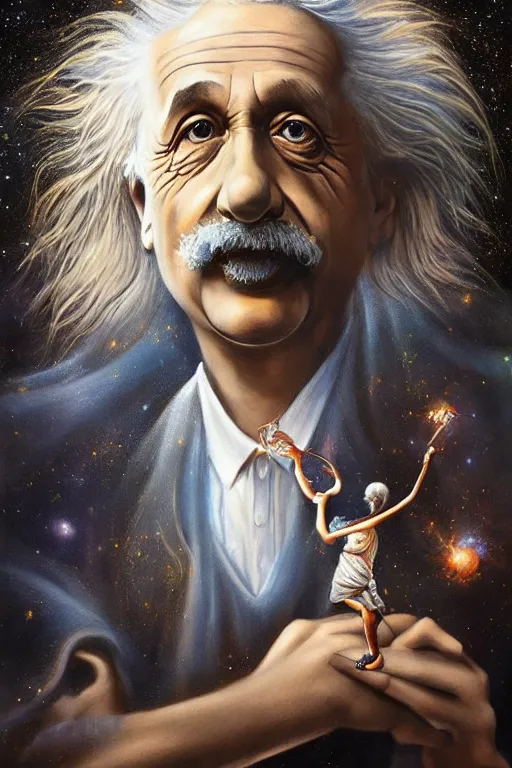 Prompt: breathtakingly beautiful painting of albert einstein as a genie, thinking about equations, moonlit sky, matte painting by brian froud, shaun tan, wlo and peter mohrbacher, highly detailed, intricate,, award winning artwork, trending on artstation, high quality printing, fine art with subtle redshift rendering