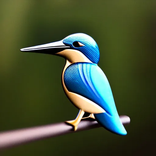 Image similar to a real life kingfisher made out of reflective crystal and very reflective polished metal, in the background is a forest, product photography