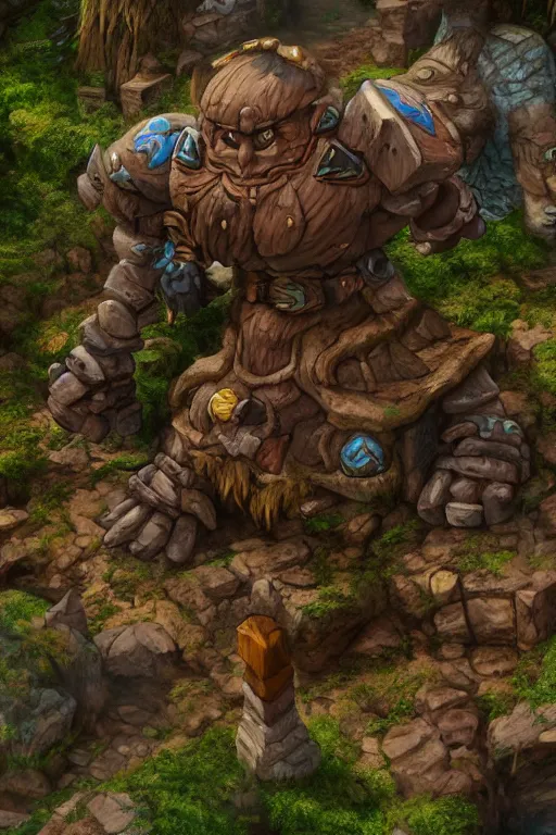 Image similar to zelda fantasy art giant golem troll wood rock greeble gemstone, global illumination ray tracing hdr fanart arstation by sung choi and eric pfeiffer and gabriel garza and casper konefal