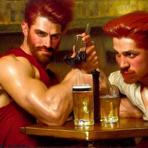 Prompt: attractive muscular mike with red hair with muscular attractive tyler with black hair, drinking their hearts out, in a pub. very defined and highly detailed painting by gaston bussiere, j. c. leyendecker, craig mullins 8 k