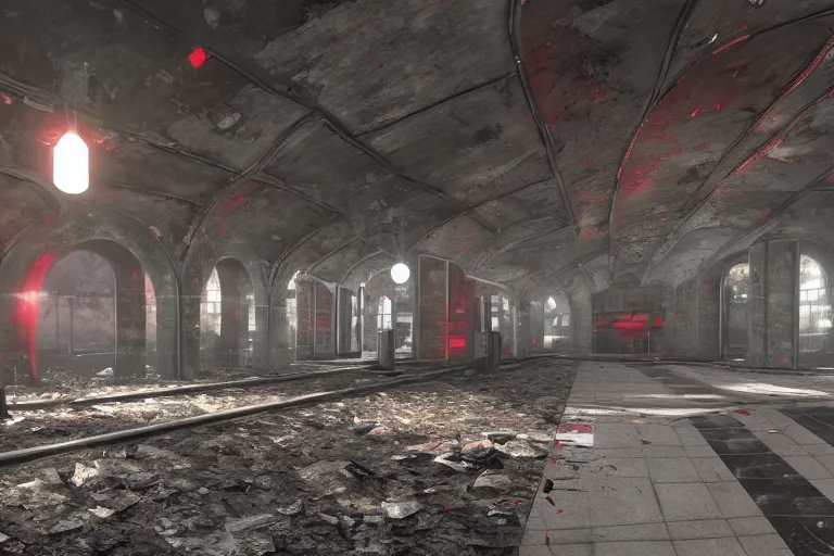 Prompt: ruined, abandoned, underground metro station, seen from inside. red flares on the ground is the only lightsource. Smoke. Dirt, leaves on ground. Unreal Engine. Substance painter. Zbrush. Trending on artstation. 8K. Highly detailed.