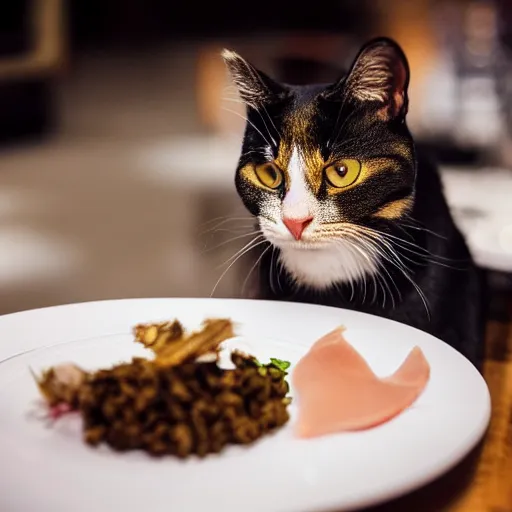 Image similar to A photo of a cat wearing a suit sitting in a fancy and expensive gourmet restaurant and eating a plate of cat food. f/2.8, dim lighting, award winning photo