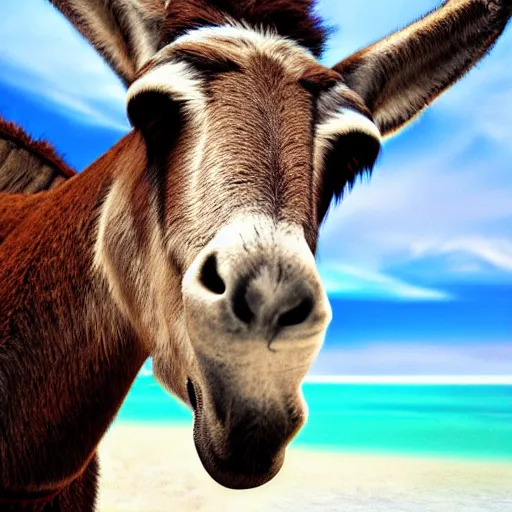 Prompt: A donkey wearing cool sunglasses at the beach, digital art, by Irina French