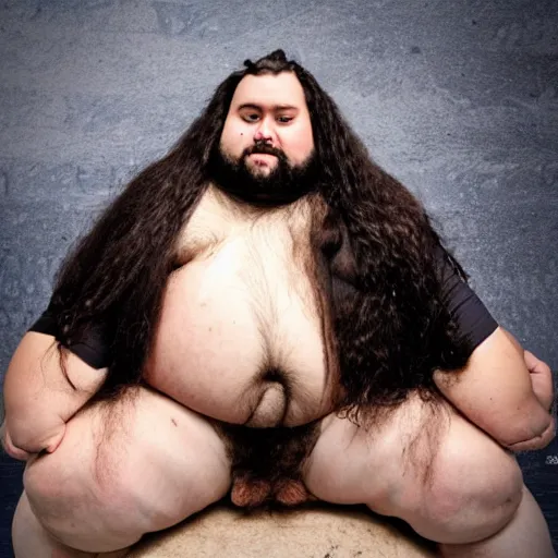 Image similar to a photo of a very hairy and fat man wearing a thong, with long hair holding a 1 0 m yam