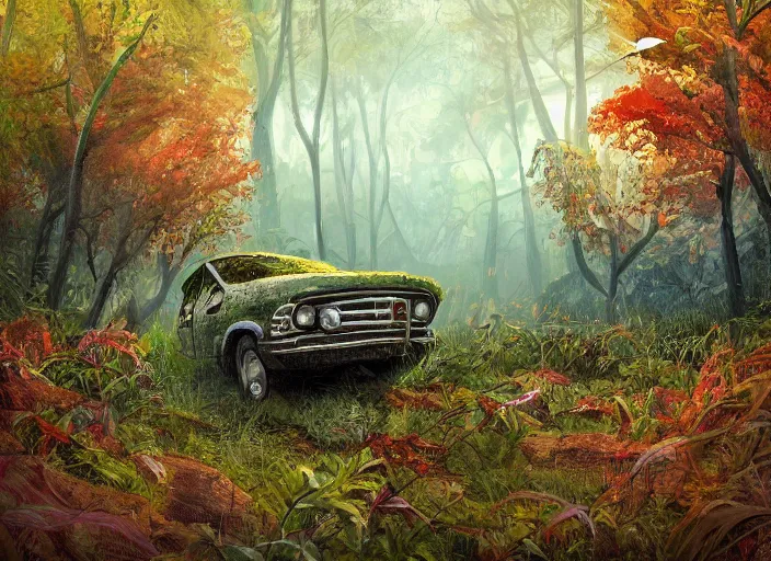 Prompt: A painting of an overgrown car in a forest, vines coming down from the tall trees, autumn, rocky ground, digital art, trending on Artstation, immaculate scale, amazing composition, cartoon illustration