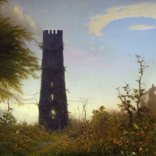 Prompt: Painting of the abandoned wizard\'s tower in the overgrown garden. Unknown Hudson River School artist.