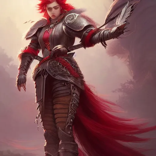 Prompt: a beautiful hyper realistic detailed epic concept art showing a noble knight women with red hair accompanied by the sacred spirit raccoon, by tom bagshaw, ross tran and bayard wu, in the style of dragon age, featured on artstation