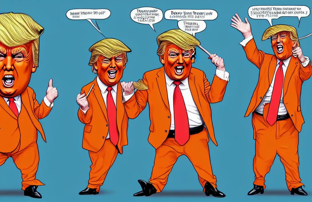 Image similar to donald trump as an oompa loompa, in the style of kim jung gi