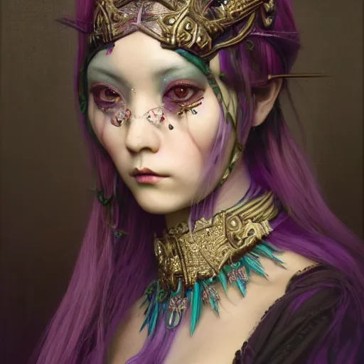 Image similar to photorealistic soft paint of absurdities and curiosities, very beautiful dollpunk asian princess full long dress, ultra deep fog, purple black lustrous thin haircut, partial symmetry accurate features, focus, very intricate ultrafine details, award winning masterpiece, tom bagshaw ross tran