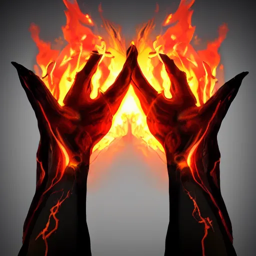 Prompt: two demonic hands hold the earth, flames in the background, artstation