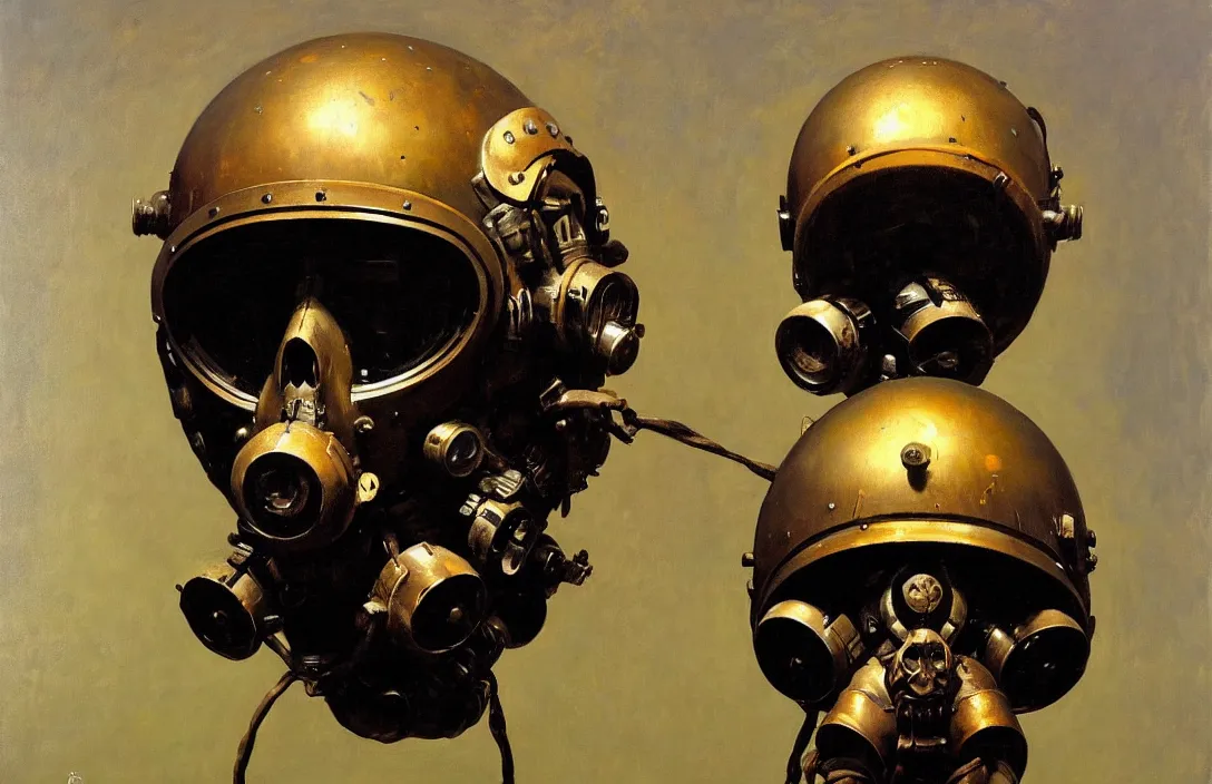 Prompt: portrait of deep sea diver helmet!!!!!!!!!!!!!!!!!!!!!!!!!!!, detailed skull face, detailed painting, epic lighting, by ilya repin, phil hale and kent williams