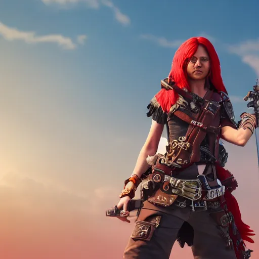 Image similar to A red headed sky-pirate with pistol and sword, epic fantasy, octane render, high detail, photorealistic, High details,4k