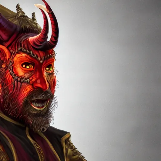 Prompt: dnd render of a male tiefling, red scales, a big black beard, completely golden eyes, 1 curved horn growing out of his forehead, one broken horn growing out of his forehead,