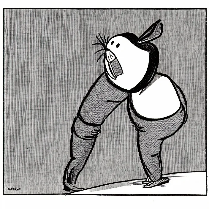 Prompt: a still frame from comic strip a bird in rabbit costume half pants 1 9 5 0, herluf bidstrup, new yorker illustration, monochrome contrast bw, lineart, manga, tadanori yokoo, simplified,