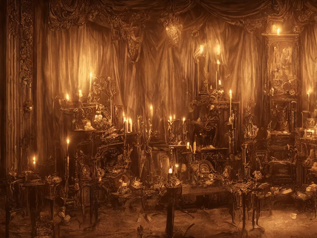 Prompt: hyper realistic photo of an occult art nouveau room interior, old furnitures, altar, candles, gloomy volumetric lights