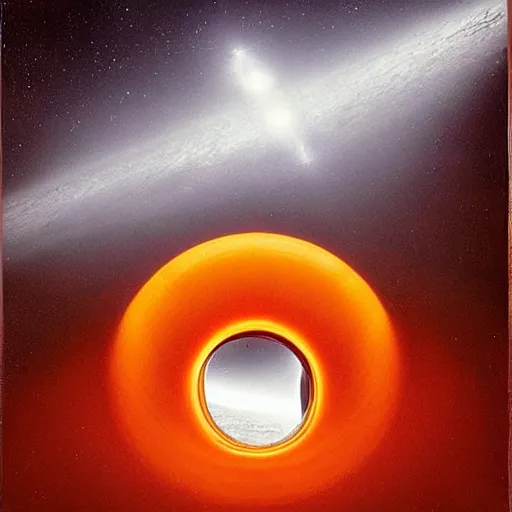 Image similar to A beautiful collage of a black hole. This hole appears to be a portal to another dimension or reality, and it is emitting a bright, white light. There are also stars and other celestial objects around it. orange by Kay Sage, by Ryan McGinley relaxed, rhythmic