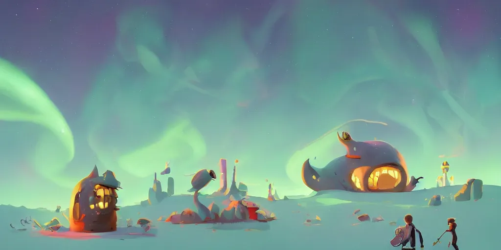 Prompt: cute monsters and Aurora borealis by Goro Fujita and Simon Stalenhag and Salvador Dali and Magritte, 8k, trending on artstation, hyper detailed, cinematic