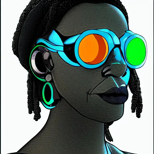 Image similar to cyberpunk robotic whoopi goldberg, sharp lines, digital, artstation, colored in