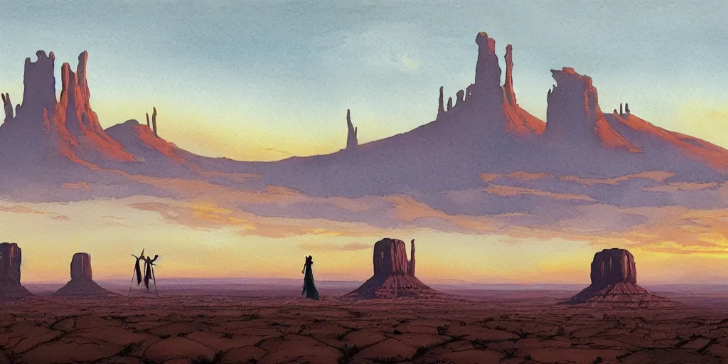 Image similar to a hyperrealist watercolor concept art of a giant ufo from independence day on the horizon of monument valley. a medieval monk in grey robes is in the foreground. golden hour. very muted colors, by rebecca guay, michael kaluta, charles vess. high detail, hq, wide shot, 4 k