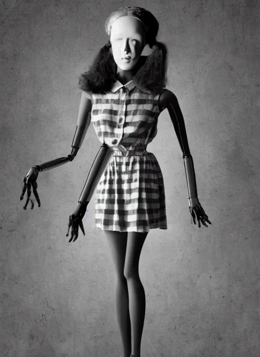 Prompt: surreal portrait of a creature with the body of a 1950's school-girl dress wearing mannequin and whose head is a tarantula, inspired by Mark Ryden and Marion Peck, hints of Cronenberg