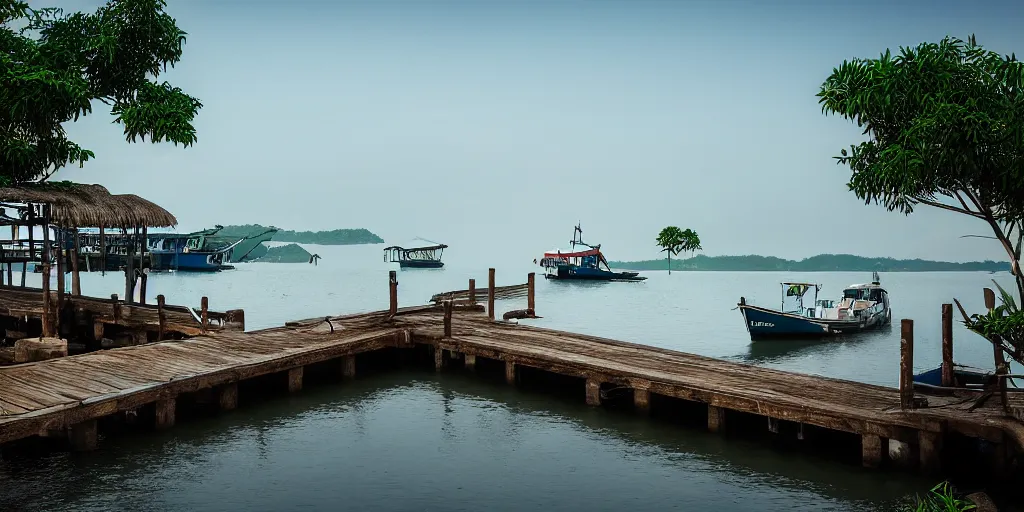 Image similar to jetty at pulau indah village, boat in foreground, early morning, detailed matte painting, low angle view, telephoto lens, bokeh, studio ghibli, artstation