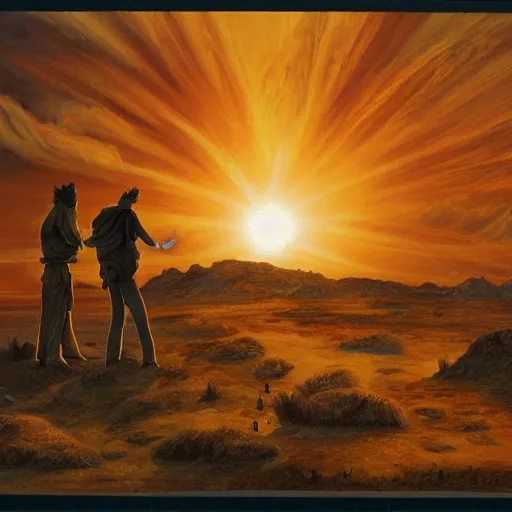 Image similar to giant fiery sun takes up most of the sky, two men look out over the horizon of a desert with plants on fire, highly detailed intricate matte painting