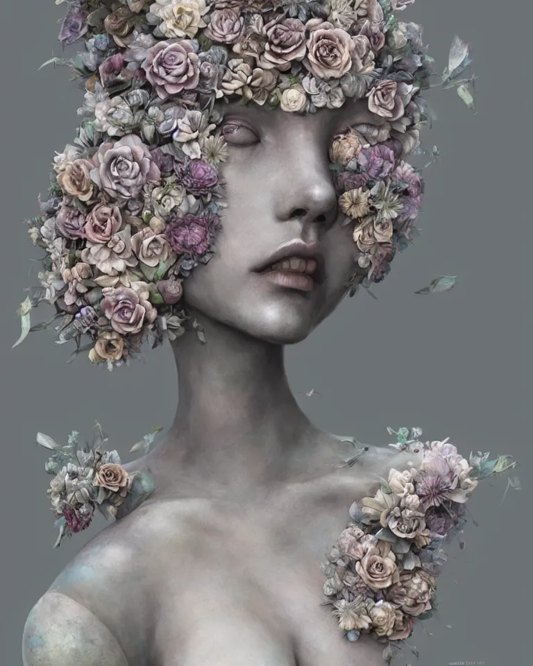 Prompt: portrait of a beautiful ethereal female made of concrete made of flowers made of mist, Andrew Ferez, Charlie Bowater, Marco Mazzoni, Seb McKinnon, Ryohei Hase, trending on cgsociety, featured on zbrush central, new sculpture, mystical