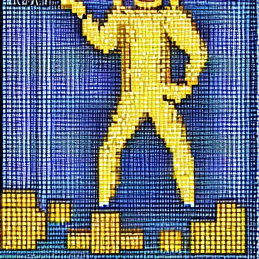 Image similar to a person in a gold and navy astronaut suit based upon medieval armor laser welding the stars into the sky, 8-bit pixel art