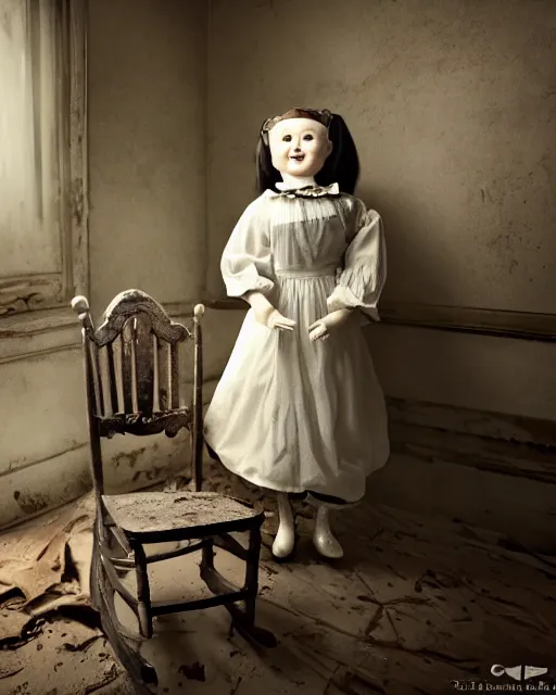 Image similar to portrait of a creepy smiling antique porcelain doll with white eyes wearing a dirty dress with long wet black hair sitting in a rocking chair next to a child’s bed in a dimly lit filthy room in an abandoned old asylum at night, 8k octane render, cinematic, dramatic lighting, volumetric lighting, Craig Mullins, Duane Hanson , Richard Estes, Arney Fretag, vintage photo, 1890