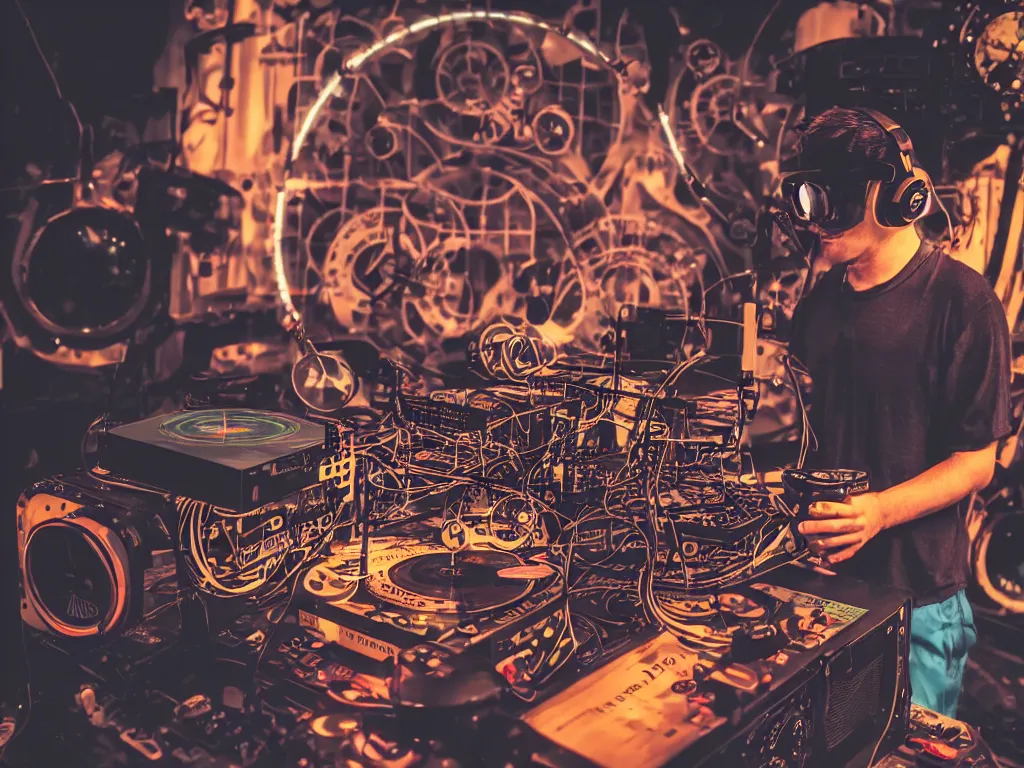 Image similar to a person wearing goggles and visor and headphones using a steampunk record player contraption, wires and tubes, turntablism dj scratching, intricate planetary gears, cinematic, imax, sharp focus, leds, bokeh, iridescent, black light, fog machine, hazy, lasers, hyper color digital art, cyberpunk