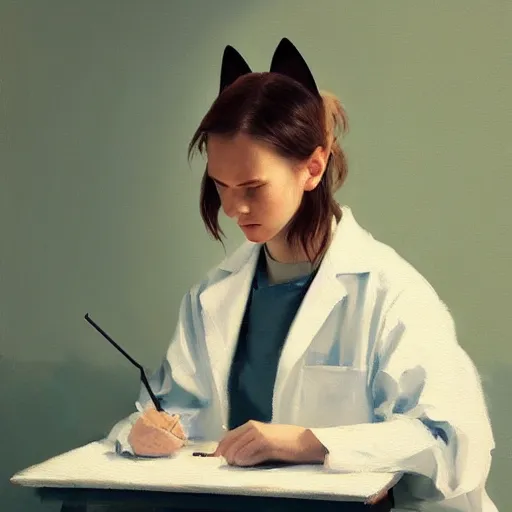 Image similar to girl with cat ears wearing a labcoat in a biology lab, microscope on table, expressive oil painting, trending on artstation, sunlit, octane render, by jeremy lipking, beautiful lighting