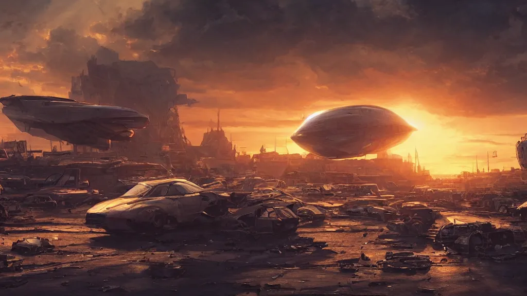 Image similar to a Photorealistic hyperrealistic render of a gigantic spaceship landing at a Junkyard by Greg Rutkowski,Vitaly Bugarov,Stephan Martiniere,Nicolas Bouvier SPARTH,James Paick,dramatic moody sunset lighting,long shadows,Volumetric, cinematic atmosphere, Octane Render,Artstation,8k