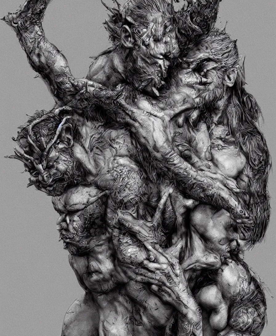 Image similar to devil holding a person, intricate, ultra detailed, photorealistic, trending on artstation