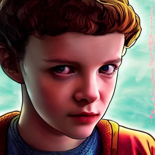 Image similar to eleven from stranger things with her hand outstretched facing the camera, trending on artstation, art by yoshitaka amano, 4k