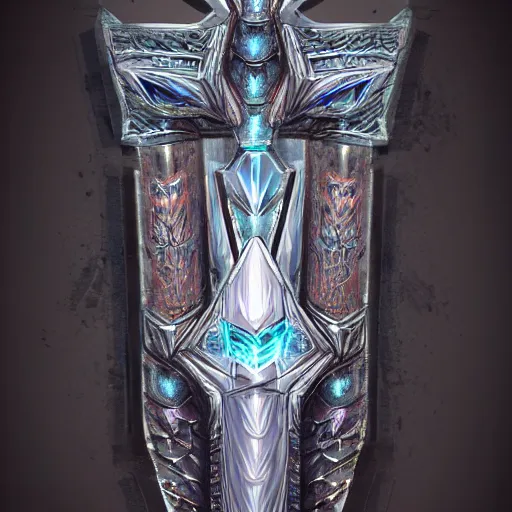 Image similar to concept art of ancient crystal blade, front view, perfect symmetry, rpg, digital art, d & d, digital painting, intricate details, ultra realistic, volumetric lighting, warm colors advance, cell shading