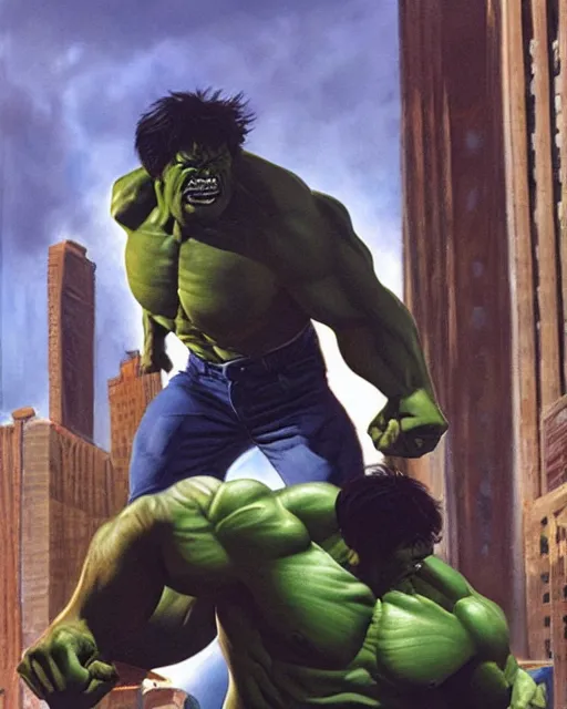 Image similar to a moody oil painting of the incredible hulk looking angry at noon in a city by alex ross.