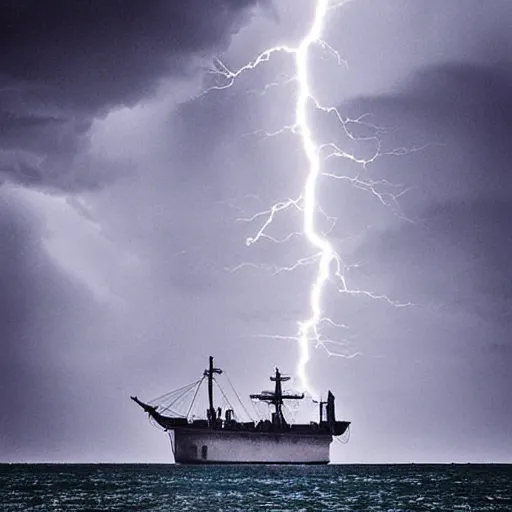 Prompt: “savage storm on the sea, lightning, mist, waves, pirate ship”