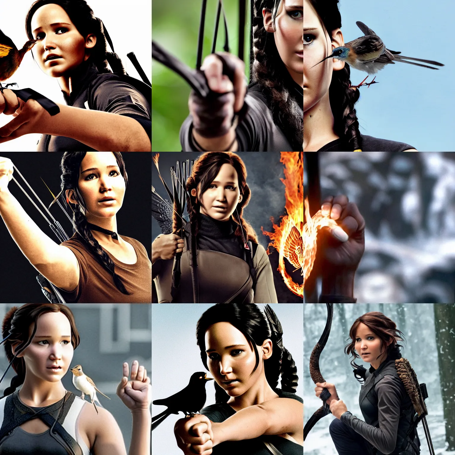 Prompt: Katniss Everdeen holding a bird in her fist, closeup of fist